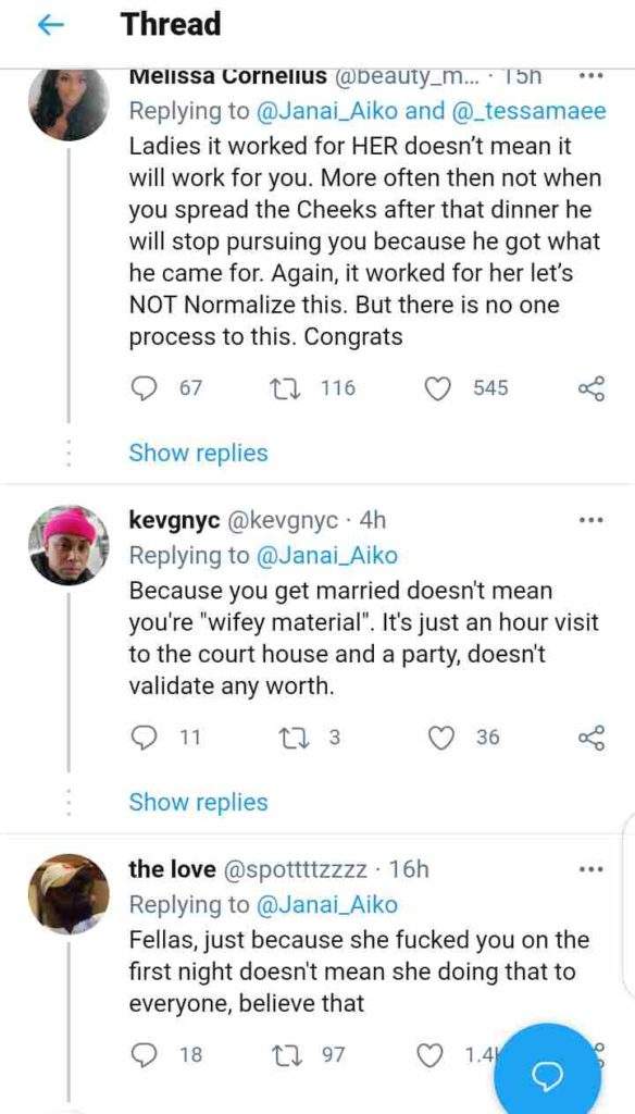 Lady who finally gets married to a man she slept with on her first date dishes advise to other women.