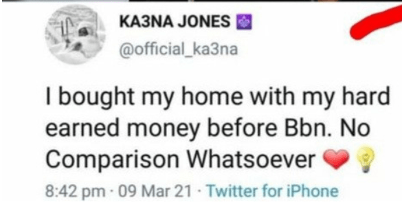 'I bought my house with my hard-earned money before bbnaija' - Ka3na reveals after Nengi announced her new house