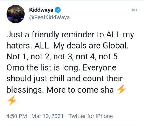 'All my deals are global' - Kiddwaya sends strong message to 'Haters'