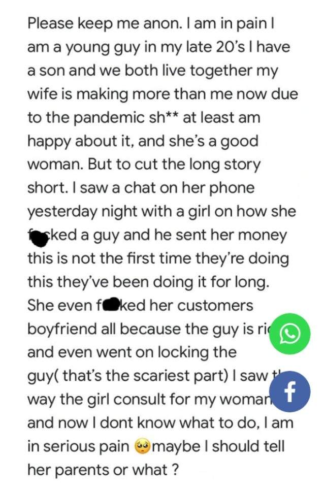 Man cries out after reading wife's chat with her female friend