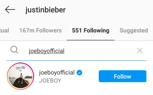 International music star, Justin Bieber follows Joeboy on Instagram