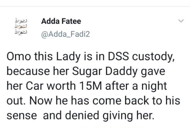 Lady arrested as Sugar Daddy who gave her car worth 15million, denies her after sleeping with her