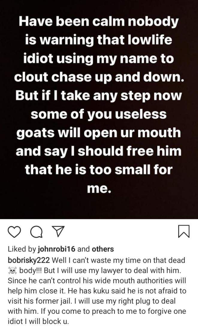 'Lowlife idiot, dead body' - Bobrisky fires back at James Brown (Video)