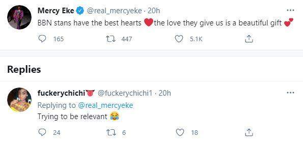 'I'll be praying for you' - Mercy Eke reacts to troll who accused her of trying to portray relevance