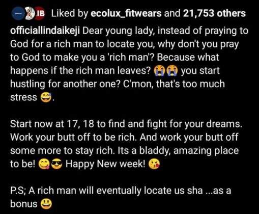 'Instead of searching for rich men, why don't you pray to be rich' - Linda Ikeji advises young ladies