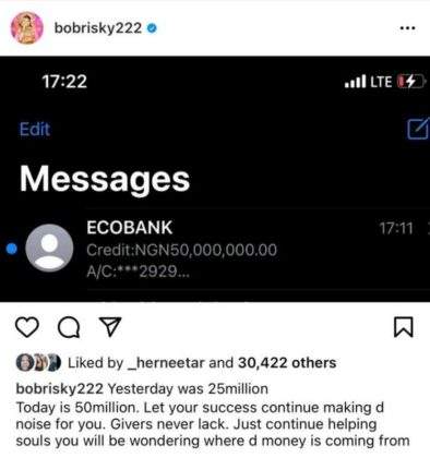 'Givers never lack' - Bobrisky says as he flaunts N50M credit alert