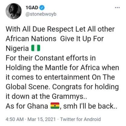'Let all other African nations give it up for Nigeria' - Ghanaian singer, Stonebwoy congratulates Burnaboy and Wizkid