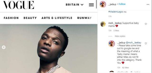 Jada Pollock lambast fan who referred to her as 'Wizkid's baby mama'