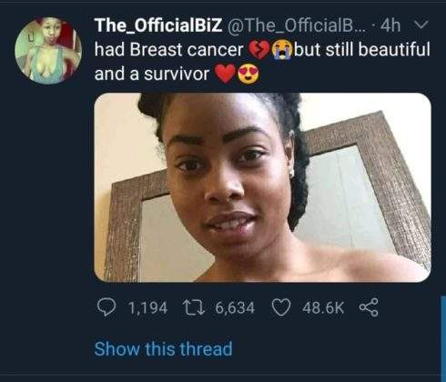 Nigerian Lady who survived breast cancer causes emotional reactions on social media as she posted photos of her scars