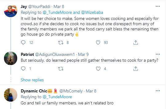 Reactions as man says 'my wife will not cook at any family gathering'