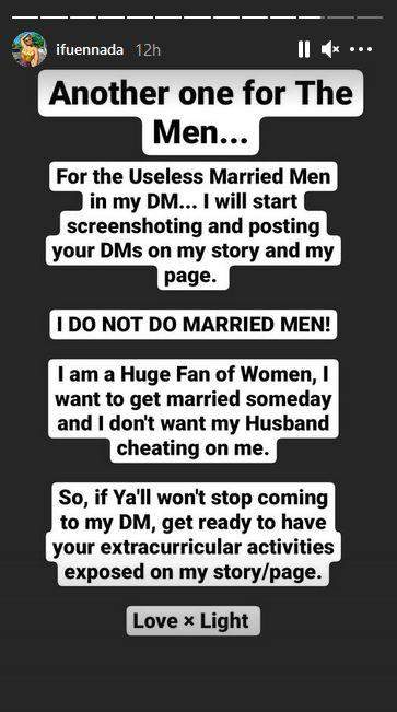 'I do not do married men' - Ifu Ennada blows hot, threatens to expose married men in her DM