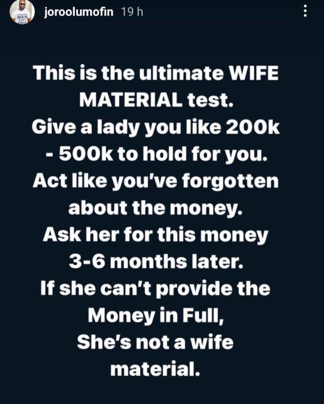 'Give her 500K to keep, ask in 6 months' - Joro Olumofin to men on how to know a 'wife material'