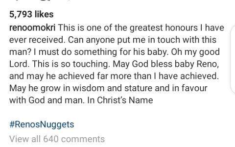 Reno Omokiri sets to bless a man who named his baby after him