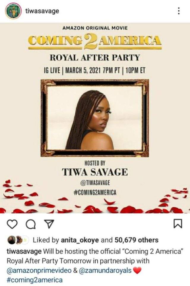 Tiwa Savage to host after party of Hollywood movie, 'Coming to America 2'