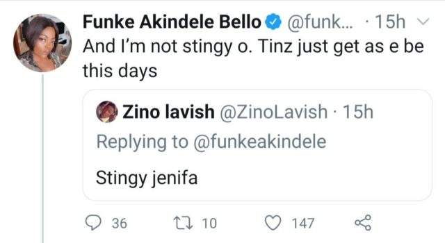 Funke Akindele replies fan who called her stingy for not doing giveaway