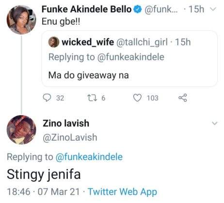 Funke Akindele replies fan who called her stingy for not doing giveaway