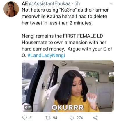 'I bought my house with my hard-earned money before bbnaija' - Ka3na reveals after Nengi announced her new house