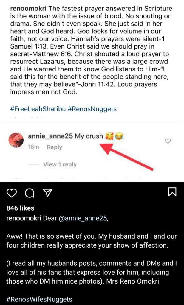 'That is so sweet of you' - Reno Omokri's wife replies fan who called her husband 'my crush'