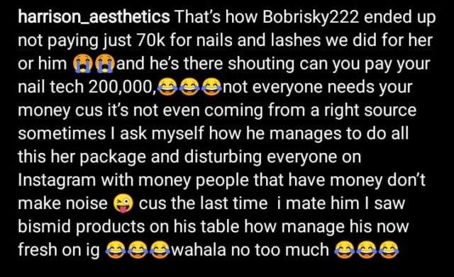 Bobrisky called out by makeup artist over unpaid nails and lashes bills worth 70k