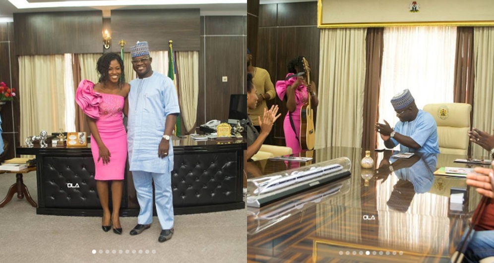 Debbie Rise Meets Governor Yahaya Bello, Plays Her Famous Guitar For Him
