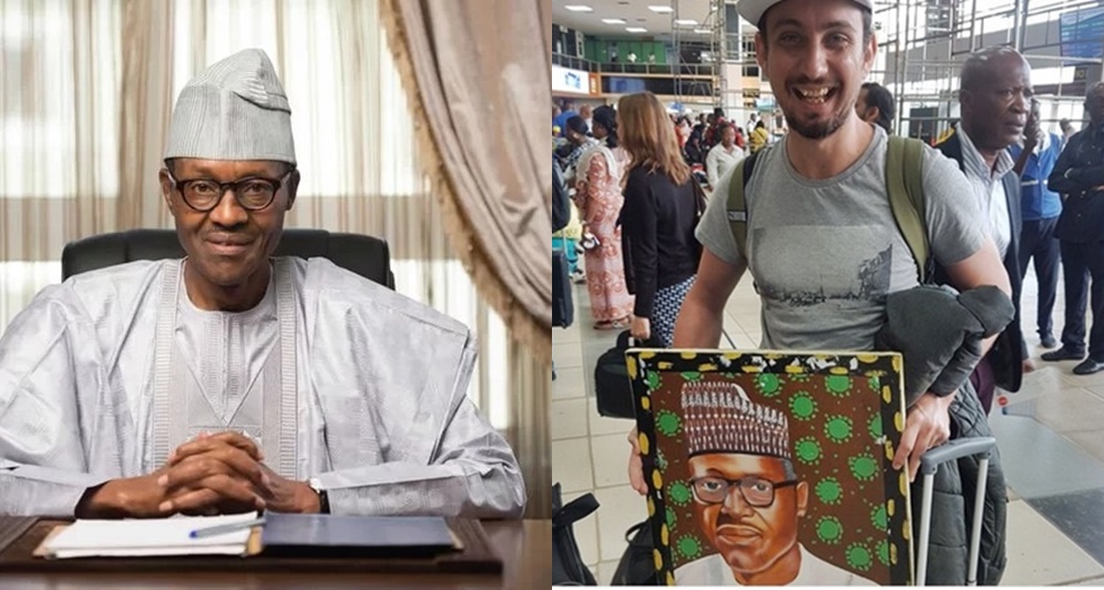 I Like President Buhari, I Am Taking Him To My Country- Foreigner Spotted With President Buhari's Painting