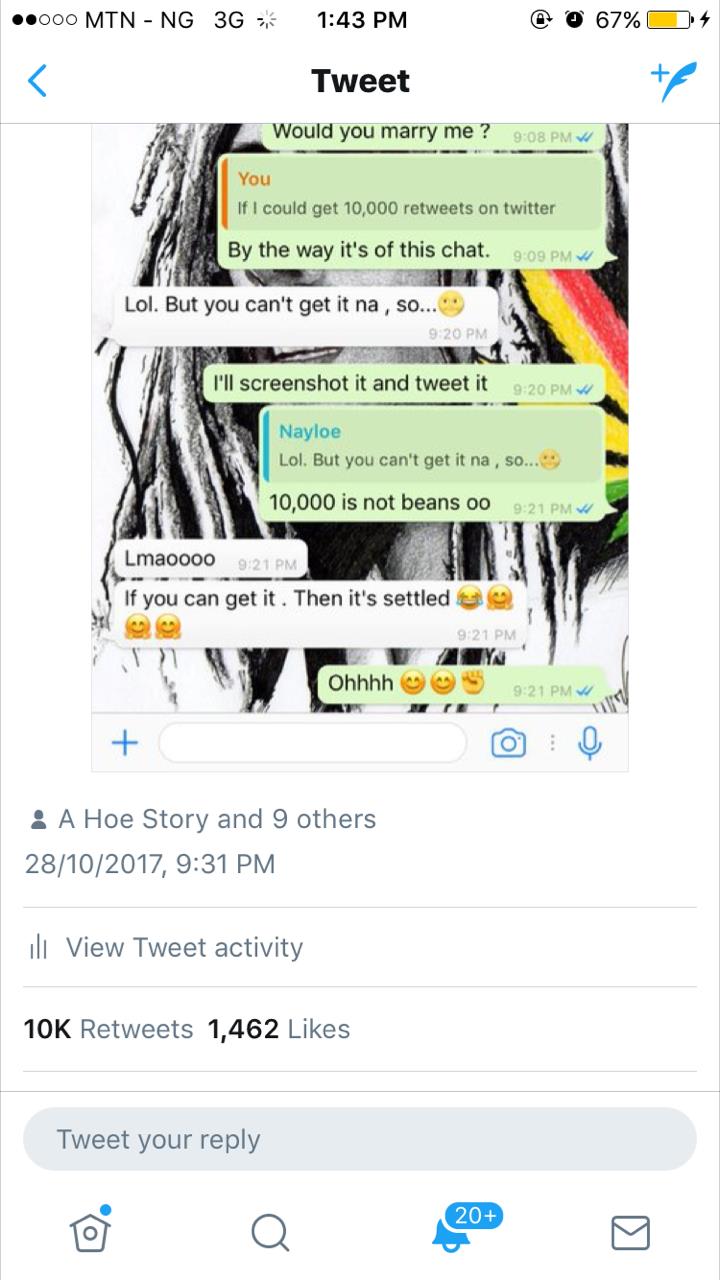 'Get 10k retweets and I will marry you'- 19yr old Nigerian girl tells her 19-year-old crush, he gets 17k retweets