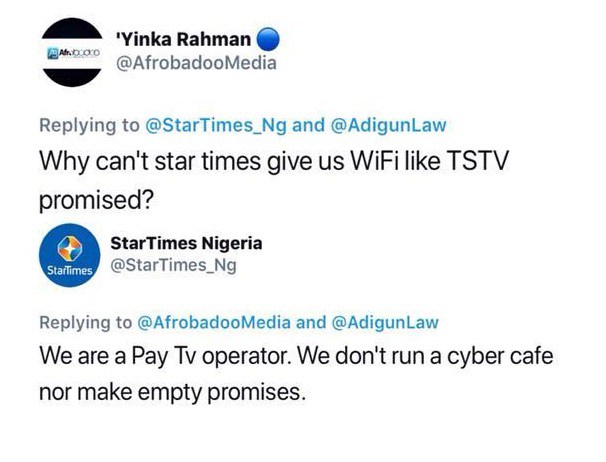 'We are a pay TV operator. We don't run a cyber cafe nor make empty promises.' - Startimes shades TStv