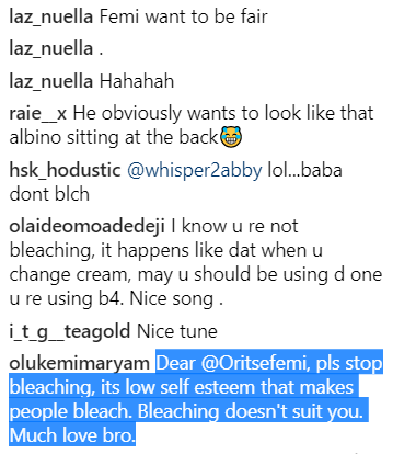 'Dear Oritsefemi, please stop bleaching'- Fans advice singer