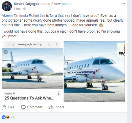 'Salvation Ministries private jet was photoshopped'- Facebook user (Photo)