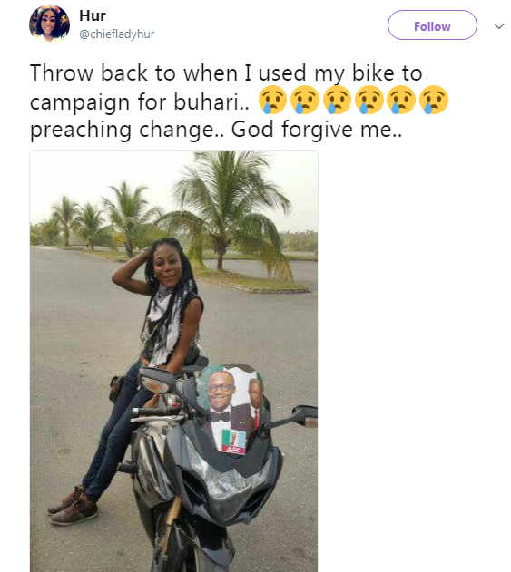 Lady Who Used Her Bike To Campaign For President Buhari, Expresses Regret
