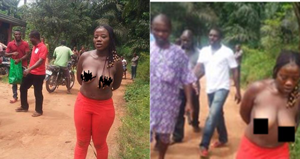 Nigerian Slay Queen Caught And Disgraced After She Jumped Into Someone's Fence To Steal Biscuit In Anambra (Photos)