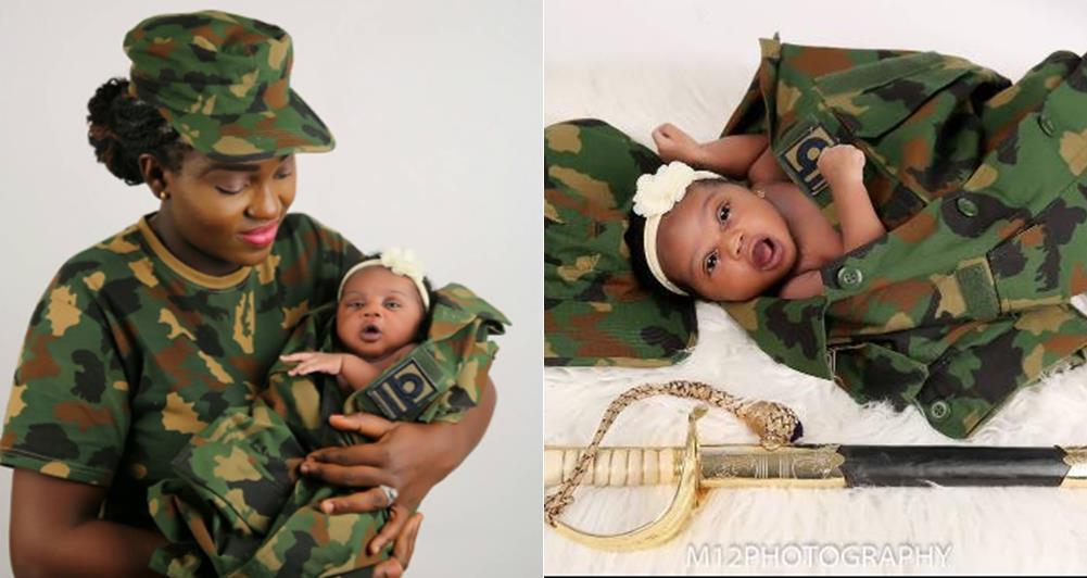 Beautiful photo of a Female Nigerian soldier cradling her newborn baby