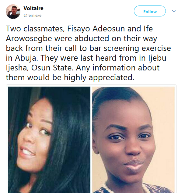 2 Pretty Ladies Reportedly Kidnapped On Their Way Back From Call To Bar Screening In Abuja