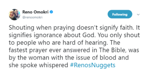 'Shouting When Praying Doesn't Signify Faith, It Signifies Ignorance About God'- Reno Omokri