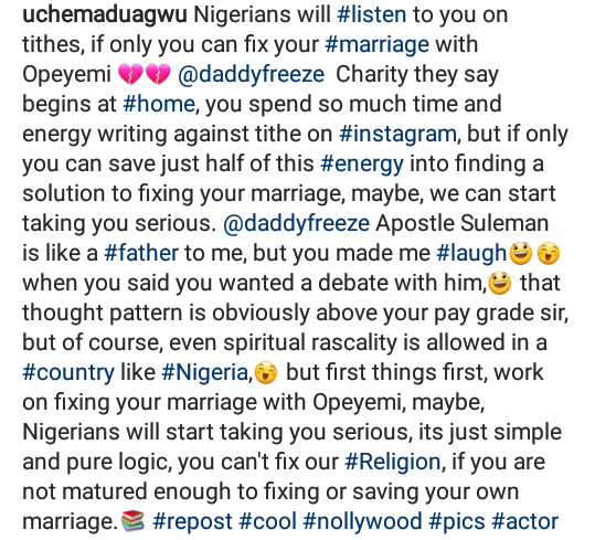 'Nigerians Will Listen To You, If Only You Can Fix Your Marriage With Opeyemi'- Uche Maduagwu Tells Daddy Freeze