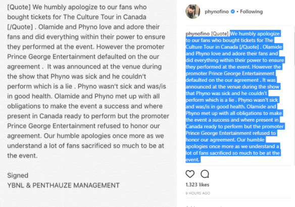 Phyno and Olamide Apologize For Not Turning Up For Their Show in Canada