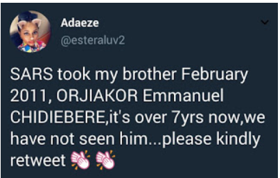 Nigerian Lady In Search Of Her Brother Who Was Taken Away By SARS Operatives 7 Years Ago