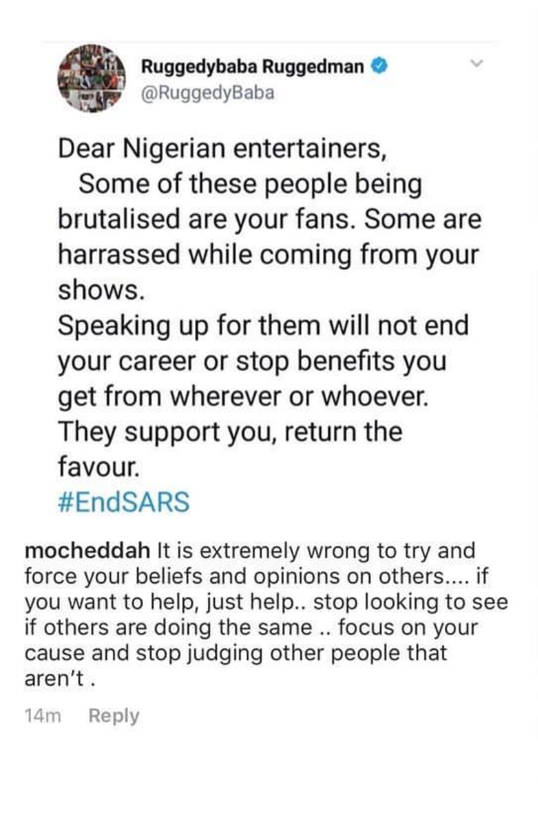 #EndSars : Mocheddah slams Ruggedman over his call for celebs to speak up