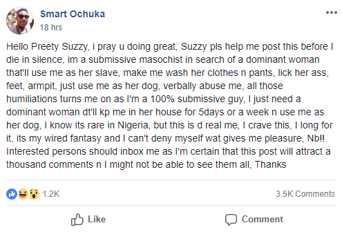 I'm in search of a dominant woman that'll use me as her slave - Nigerian man begs