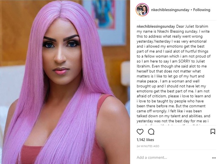 Actress, Nkechi Sunday apologizes to Juliet Ibrahim for calling her an idiot