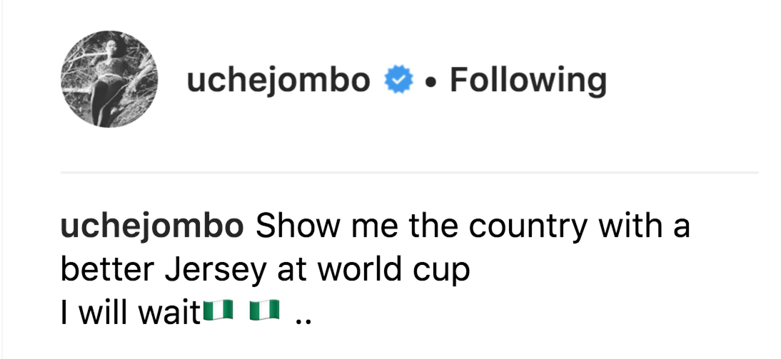 'Show me the country with a better jersey at the world cup' - Uche Jombo fawns over Nigerian jersey; fans react