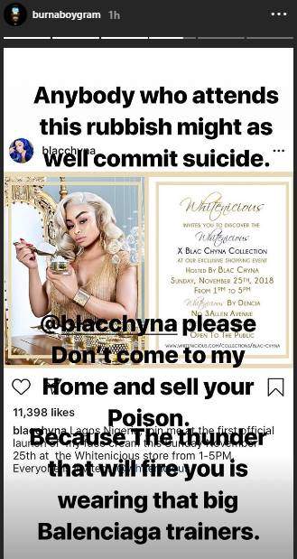 Thunder will fire you if you sell cream in Nigeria - Burna Boy to Blac Chyna