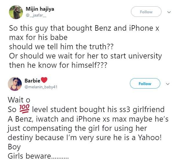 Nigerians react to the news of 19-year-old boy who bought a Benz and iphone xMax for his 16-year-old girlfriend as birthday gift