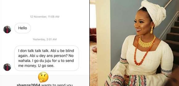 'Instagram beggar' threatens to use juju on billionaire daughter, Hauwa Indimi if she doesn't send money to him