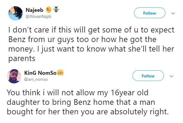 Nigerians react to the news of 19-year-old boy who bought a Benz and iphone xMax for his 16-year-old girlfriend as birthday gift