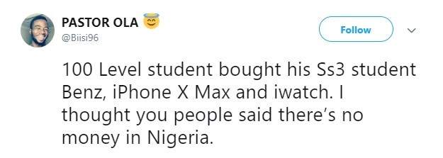 Nigerians react to the news of 19-year-old boy who bought a Benz and iphone xMax for his 16-year-old girlfriend as birthday gift