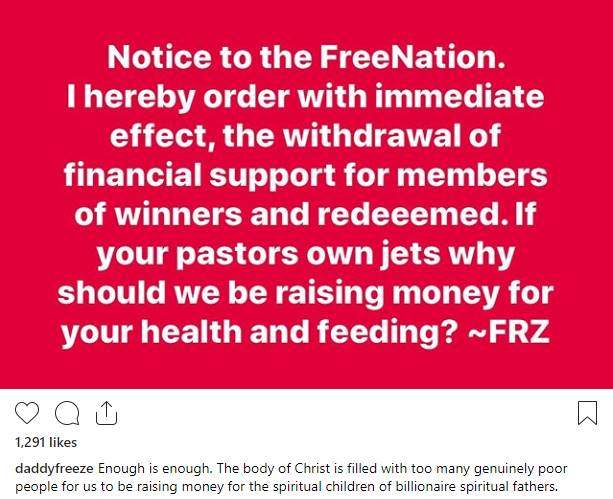 Daddy Freeze orders his followers to stop helping members of Redeemed church
