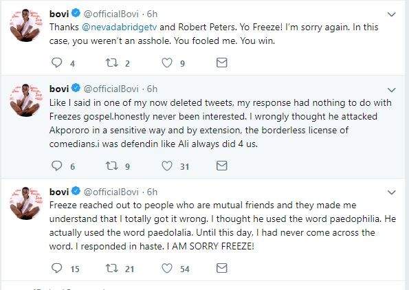 Bovi apologizes to Daddy Freeze over his comments in defending Akpororo