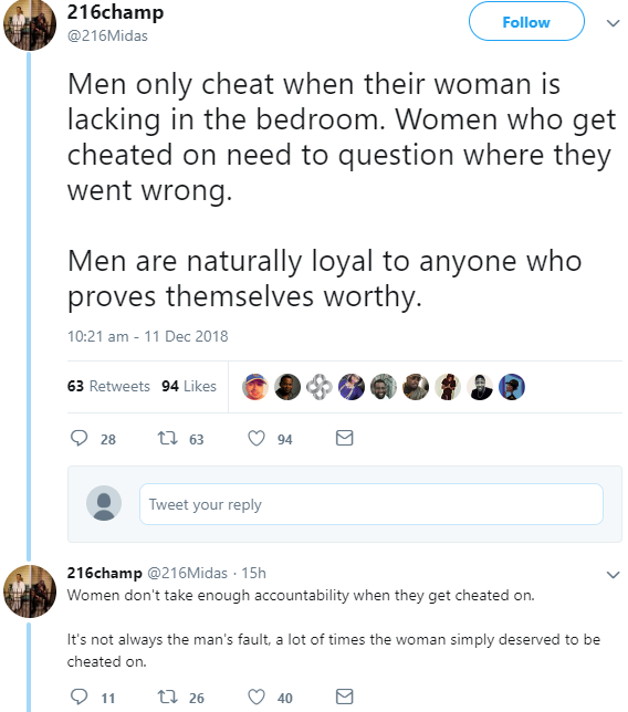 'Men only cheat when their woman is lacking in the bedroom' - Twitter user, says
