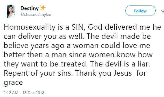 Lesbian testifies after God delivered her, says it's a sin